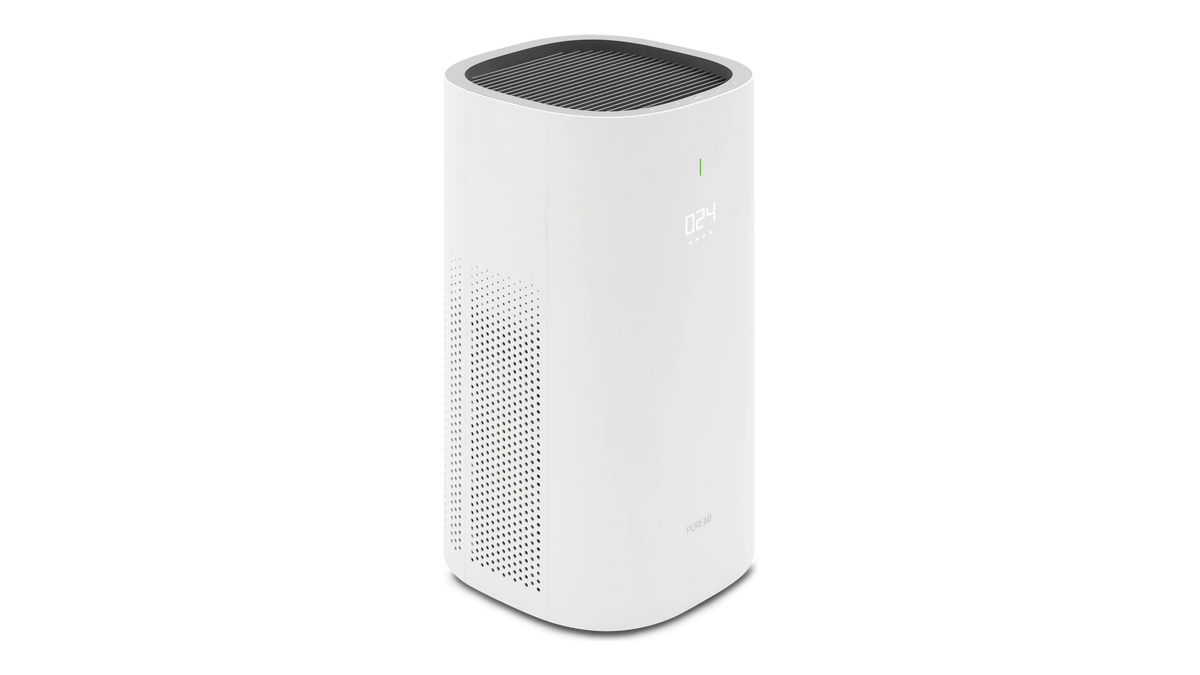 White floor-standing air purifier on a plain background, a broad rounded tower with a dark slatted top outlet, a perforated side intake and a lit display reading 024 beneath a green status bar.