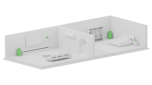 1 Bedroom + Living:: White three-dimensional cutaway model of a two-part apartment, a lounge with a sofa and wall-mounted TV at one end and a sleeping area with a wardrobe at the other, an air purifier highlighted in green standing in each space and a small green air monitor in both.
