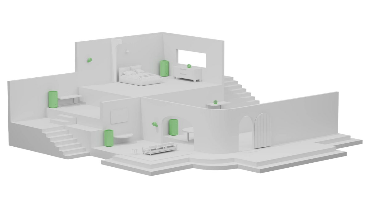 3 Bedrooms + Living:: White three-dimensional cutaway model of a split-level home linked by two staircases, with an arched entry, a sunken lounge, a dining area and raised sleeping rooms, green-highlighted air purifiers standing on every level and small green air monitors beside the beds and on the walls.