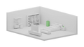 Studio:: White three-dimensional cutaway model of one open room holding a double bed, a sofa facing a wall-mounted TV on a low media unit, an open wardrobe hung with clothes and a vanity with a round mirror, with a green-highlighted air purifier standing beside the bed and a small green air monitor on the nightstand.