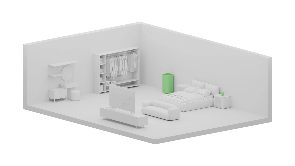 White three-dimensional cutaway model of one open room holding a double bed, a sofa facing a wall-mounted TV on a low media unit, an open wardrobe hung with clothes and a vanity with a round mirror, with a green-highlighted air purifier standing beside the bed and a small green air monitor on the nightstand.