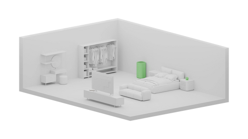 Studio:: White three-dimensional cutaway model of one open room holding a double bed, a sofa facing a wall-mounted TV on a low media unit, an open wardrobe hung with clothes and a vanity with a round mirror, with a green-highlighted air purifier standing beside the bed and a small green air monitor on the nightstand.